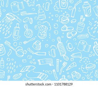 Bathroom set, washing, bathing, cleanliness seamless pattern. Hand drawn doodle background. Vector illustration. Bath texture. Soap, Towel, Toothpaste, Bubbles icons.