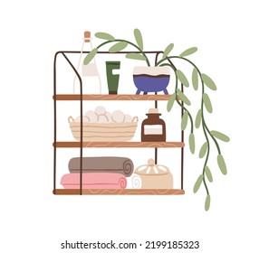 Bathroom shelf with accessories, hygiene items, cosmetic products, stuff in basket, towels. Modern storage furniture with toiletries, cosmetics. Flat vector illustration isolated on white background