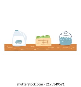 Estante en el cuarto de baño con botellas, detergentes y toallas de caricatura de estilo plano. Ilustración vectorial de un cómodo estante moderno