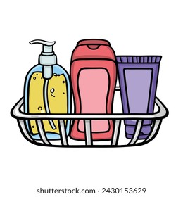 bathroom shelf with bottles and vials, personal hygiene illustration, vector