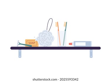 Bathroom shelf with hygiene supplies standing in row, flat vector illustration isolated on white background. Set of bath or accessories for body care and shower.