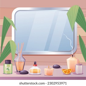 El concepto de sala de spa con espejo de aumento en el cuarto de baño. Ilustración del elemento de diseño gráfico del vector