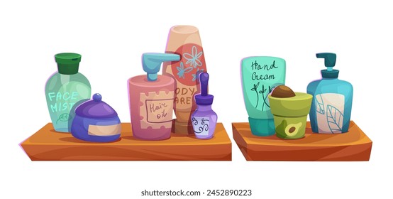 Bathroom shelf with skincare beauty product vector illustration. Soap bottle packaging on bath shelfs set for skin care. Organic body shower gel and lotion for everyday routine. Daily toiletries