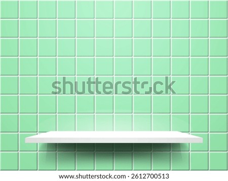 Bathroom shelf. Tiled room with white podium. Kitchen or bathroom green ceramic mosaic. Square tiles with minimal stage for displaying product. Vector illustration.