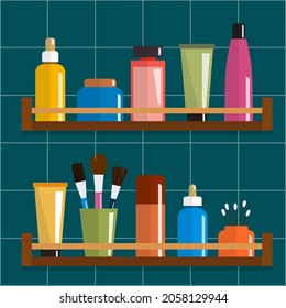 Bathroom shelves with cosmetics: shower gel, perfume, cream, liquid soap, shampoo. 