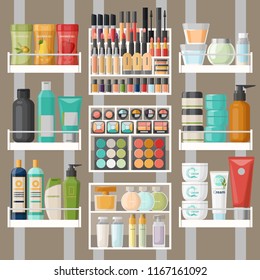 Bathroom shelves with skincare and hygiene bottles and containers, cosmetic. Tube with shampoo and toothbrush, shower gel and lotion, eyeshadow with brush. Shop or store showcase