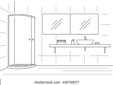 Bathroom. Shower, Double Mirror, Worktop With Sink. Vector Illustration In A Linear Style.