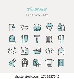 Conjunto de ícone de linha de banheiro e chuveiro