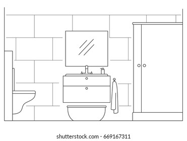 Bathroom. Shower, mirror,  toilet. Vector illustration in a linear style.