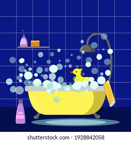 Bathroom, shower and shampoo, bathroom interior. Attributes for the adoption of hygiene procedures. Vector illustration for decorating brochures, flyers, showcases, invitations, posters and prints.