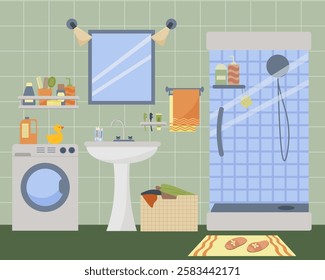 Bathroom with shower. Sink with mirror, washing machine. Laundry basket, rug. Towels and personal hygiene products. Vector illustration