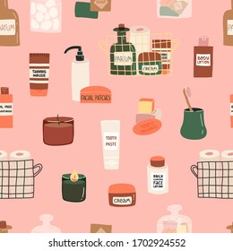 Bathroom and shower various accessories and face and body cosmetics fun seamless vector pattern on pink background with wood natural toothbrush, paper towels rolls, organic soap bars and others.