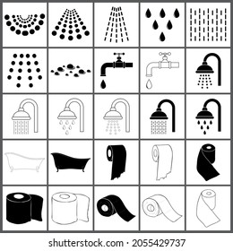 Bathroom silhouette outline symbol set. Black shape of water drop and spray, shower, bathtub, faucet and toilet paper.  Vector illustration isolated on white. 