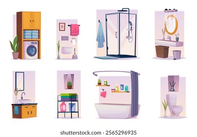 Bathroom. Sink and bathtub in cozy modern interiors exact vector flat pictures style