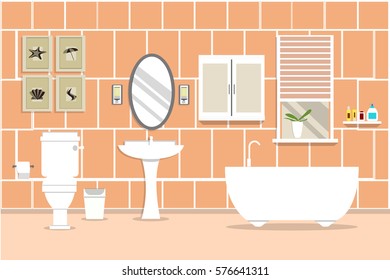 Bathroom with sink with bathub with window. illustration flat