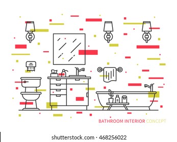 Bathroom with sink, bowl, bathtub vector line illustration. Line graphic design of bathroom (modern house, apartment, hotel). Creative concept of interior design of bathroom with lights and mirror.
