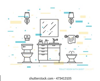 Bathroom with sink, bowl, bidet vector line art illustration. Line graphic design of bathroom (house, apartment). Creative concept of interior design of bathroom with lights, lavatory pan, bidet.