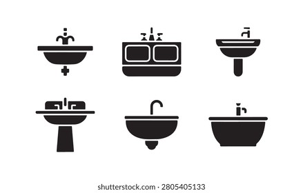 Bathroom sink collection, modern washbasin icons, plumbing fixtures, interior furniture set.