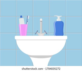 Bathroom sink with cosmetic liquid soap, toothpaste and toothbrush. Part of bathroom interior. Flat style vector illustration