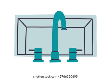Bathroom sink with faucet and two taps, minimalist doodle icon, hand drawn style vector illustration for interior and home design theme, isolated colored clipart on white background