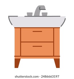 Bathroom with a sink with faucet.Sink for washing on the bedside table.Interior of the bathroom.Faucet with water. Bathroom washbasin.Sink for washing hands.Sink table.Vector flat illustration.