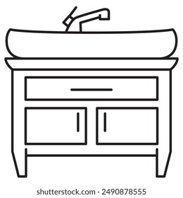 Bathroom with a sink with faucet.Sink for washing on the bedside table.Interior of the bathroom.Faucet with water. Bathroom washbasin.Sink for washing hands.Sink table.Outline vector illustration.