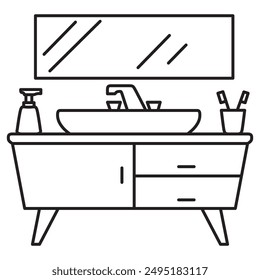 Bathroom with a sink with faucet.Sink for washing on the bedside table.Interior of the bathroom.Faucet with water. Bathroom washbasin.Sink for washing hands.Sink table.Vector flat illustration.