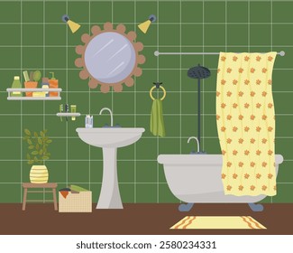 Bathroom. Sink with mirror, bathtub with curtain. Mirror, laundry basket, rug. Towel and personal hygiene kit. Vector illustration