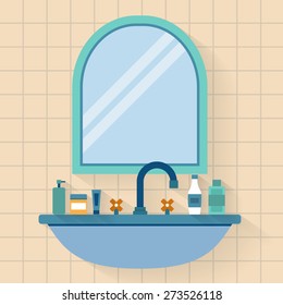 Bathroom sink with mirror, bottle, jar of cream, soap, toothpaste. Flat style vector illustration.