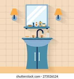 Bathroom sink with mirror, bottle, jar of cream, soap, toothpaste. Flat style vector illustration.