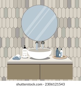 Bathroom sink with mirror, bottles, soap, towels. Fashion vector illustration in flat style.