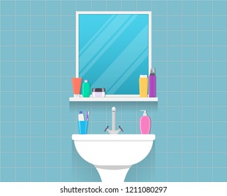 Bathroom sink with mirror, cosmetic bottles, jar of cream, liquid soap, toothpaste and toothbrush. Part of bathroom interior. Flat style vector illustration