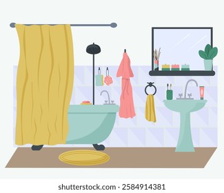 Bathroom. Sink and mirror with personal items, bath with shower. Robe and towel. Hygiene items. Vector illustration