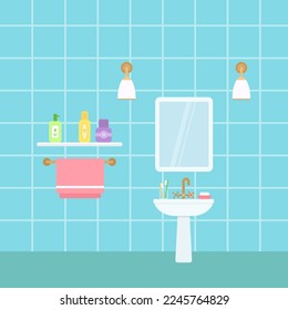 Bathroom sink with mirror and towels on blue background. Home interior concept. Cartoon flat style. Vector illustration