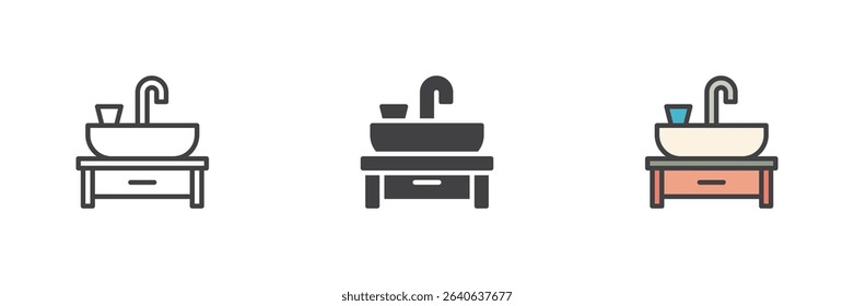 Bathroom sink on cabinet icon in different vector styles: line, solid, and filled outline. Furniture and interior symbol for hygiene and washing use.