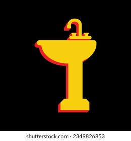 Señal del lavabo del cuarto de baño. Icono Amarillo extruido 3D con los lados rojos un fondo negro. Ilustración.