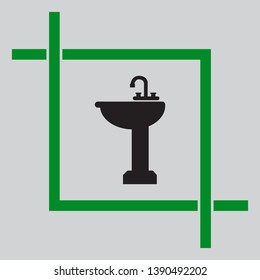 Bathroom sink sign. Black icon inside green crop tool at light gray background