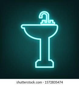 Bathroom sink sign. Cyan neon icon in the dark. Bluring. Luminescence. Illustration.