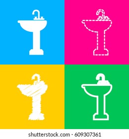 Bathroom sink sign. Four styles of icon on four color squares.