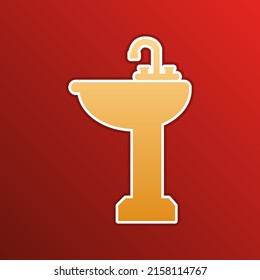 Bathroom sink sign. Golden gradient Icon with contours on redish Background. Illustration.