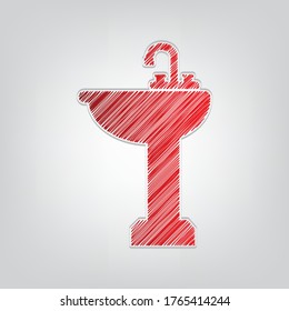 Bathroom sink sign. Red gradient scribble Icon with artistic contour gray lines on light gray Background. Illustration.