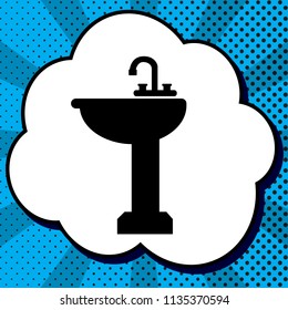 Bathroom sink sign. Vector. Black icon in bubble on blue pop-art background with rays.