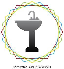 Bathroom sink sign. Vector. Black icon with patch of light inside colorful hexagonal frames at white background.