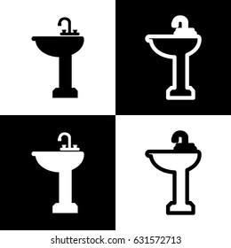 Bathroom sink sign. Vector. Black and white icons and line icon on chess board.