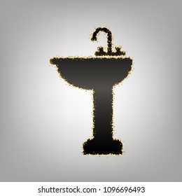 Bathroom sink sign. Vector. Blackish icon with golden stars at grayish background.