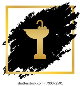 Bathroom sink sign. Vector. Golden icon at black spot inside golden frame on white background.
