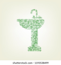 Bathroom sink sign. Vector. Green hexagon rastered icon and noised opacity and size at light green background with central light.