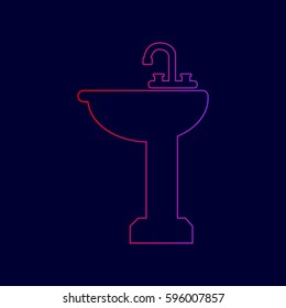 Bathroom sink sign. Vector. Line icon with gradient from red to violet colors on dark blue background.