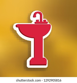 Bathroom sink sign. Vector. Magenta icon with darker shadow, white sticker and black popart shadow on golden background.