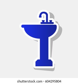 Bathroom sink sign. Vector. New year bluish icon with outside stroke and gray shadow on light gray background.